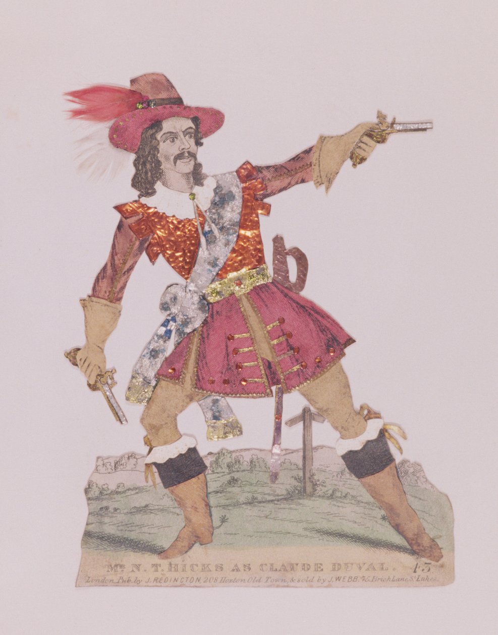 Herr N.T. Hicks i skepnad av den franske landsvägsmannen Claude Duval (1643-70) (gravyr och collage) av English School
