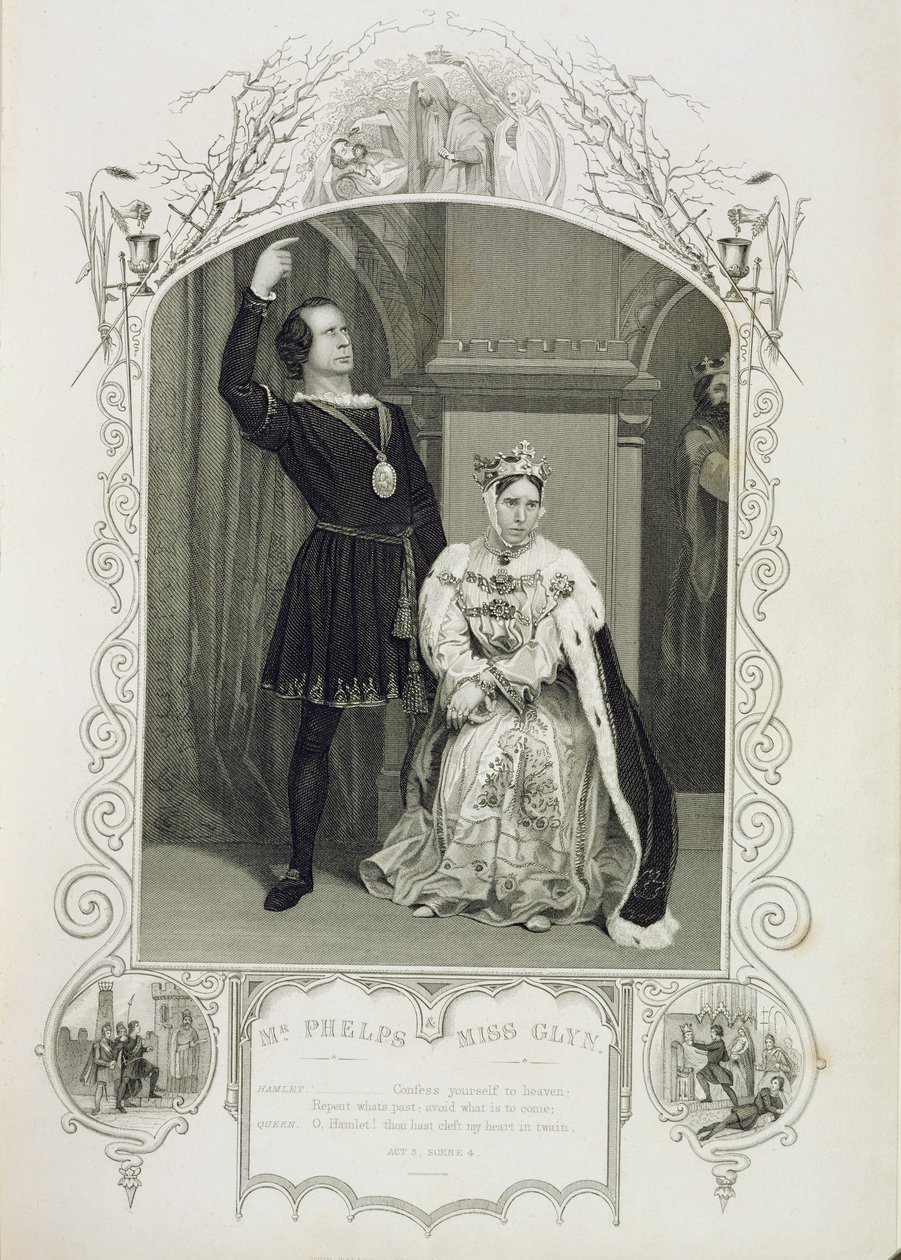 Mr Phelps som Hamlet och Miss Glyn som drottning Gertrude, akt III scen 4, i Hamlet av William Shakespeare (1564-1616) av English School