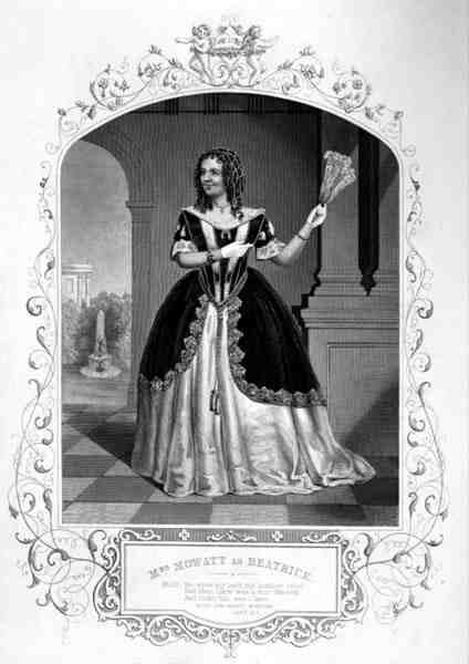 Mrs Mowatt som Beatrice, Act II Scene 1, i Much Ado About Nothing, av William Shakespeare (1564-1616) från en daguerreotypi av Paine of Islington (gravyr) av English School