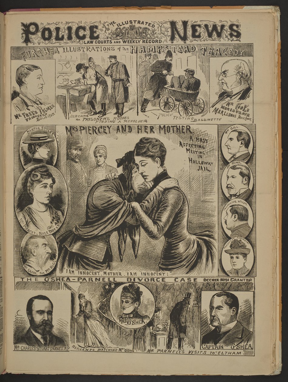"Mrs Piercey och hennes mor. Ett mycket kärleksfullt möte i Holloway-fängelset. Jag är oskyldig, mamma. Jag är oskyldig", Illustrated Police News, 22 november 1890 (tidningspapper) av English School