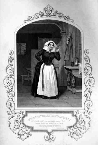 Mrs Winstanley som Mrs Quickly, Act II Scene 2, i The Merry Wives of Windsor av William Shakespeare (1564-1616) graverad av George Hollis (1792-1842) från en daguerreotypi av J.P. Mayall (1810-1901 (gravyr) av English School