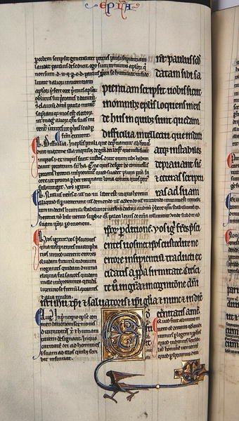 Ms.27, f.117v: Sida från en gloskopia av Nya testamentet (pergament) av English School
