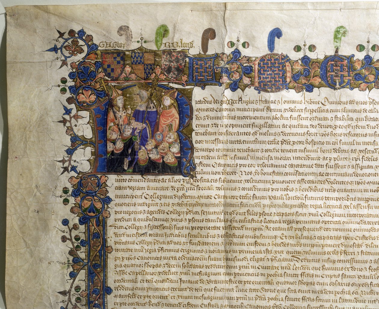 Ms.29410 Historikert initial R som visar mindre kanoner av St. Pauls Cathedral, detalj från Royal Charter of Incorporation av English School