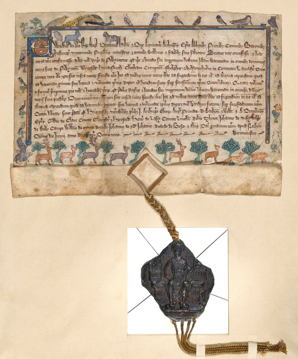 Ms.46-1980 Free Warren Charter, beviljande av spelrättigheter av Edward I till Roger de Pilkington, c.1291 av English School