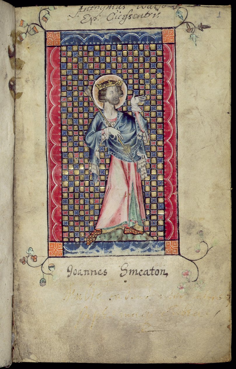 Ms 1-2005, f.1r: St. Edmund, miniatyr från Macclesfield Psalter, Use of Sarum, East Anglia, c.1330 av English School