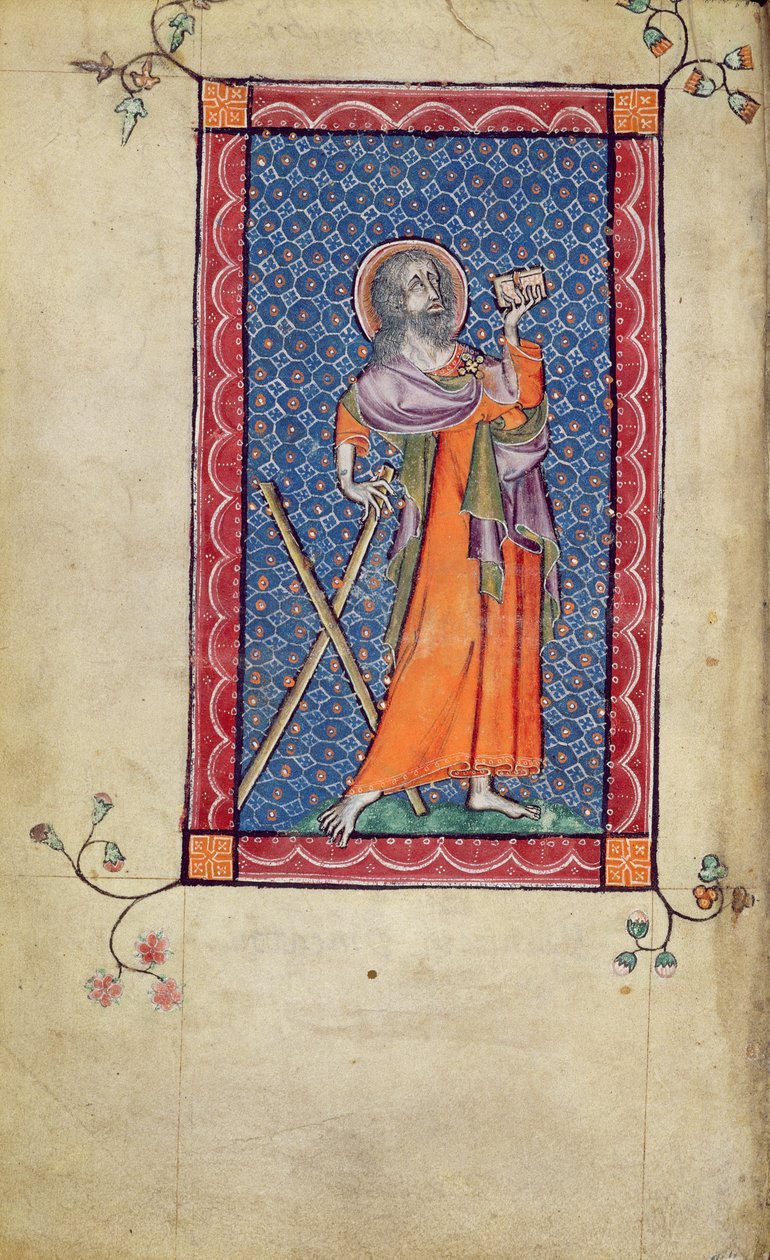 Ms 1-2005, f.1v: St. Andrew, miniatyr från Macclesfield Psalter, Use of Sarum, East Anglia, c.1330 av English School