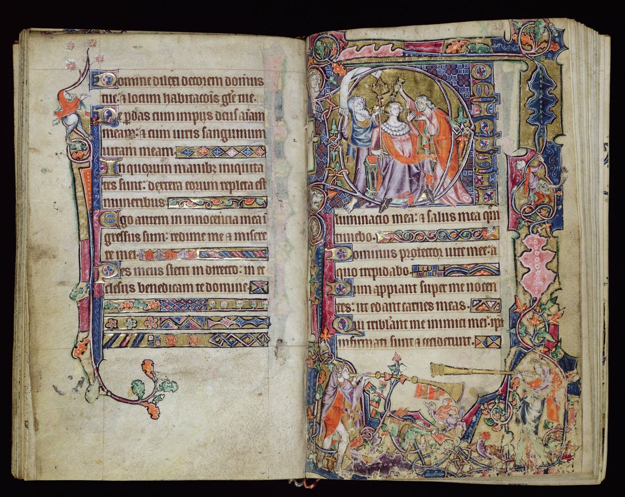 Ms 1-2005, ff.38v-39r: The Anointing of David, historik D initial från Macclesfield Psalter, Use of Sarum, East Anglia, ca 1330 av English School