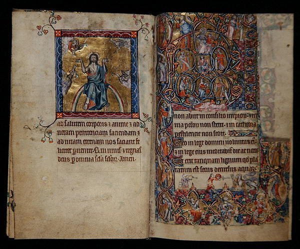 Ms 1-2005, ff.8v-9r: Christ in Judgment and the Tree of Jesse, from the Macclesfield Psalter, Use of Sarum, East Anglia, c.1330 (vellum) av English School