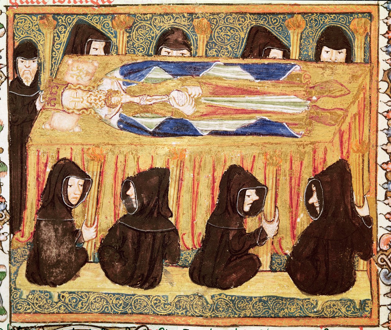 Ms 197 f.22v Begravning av en kung, från Liber Regalis av English School