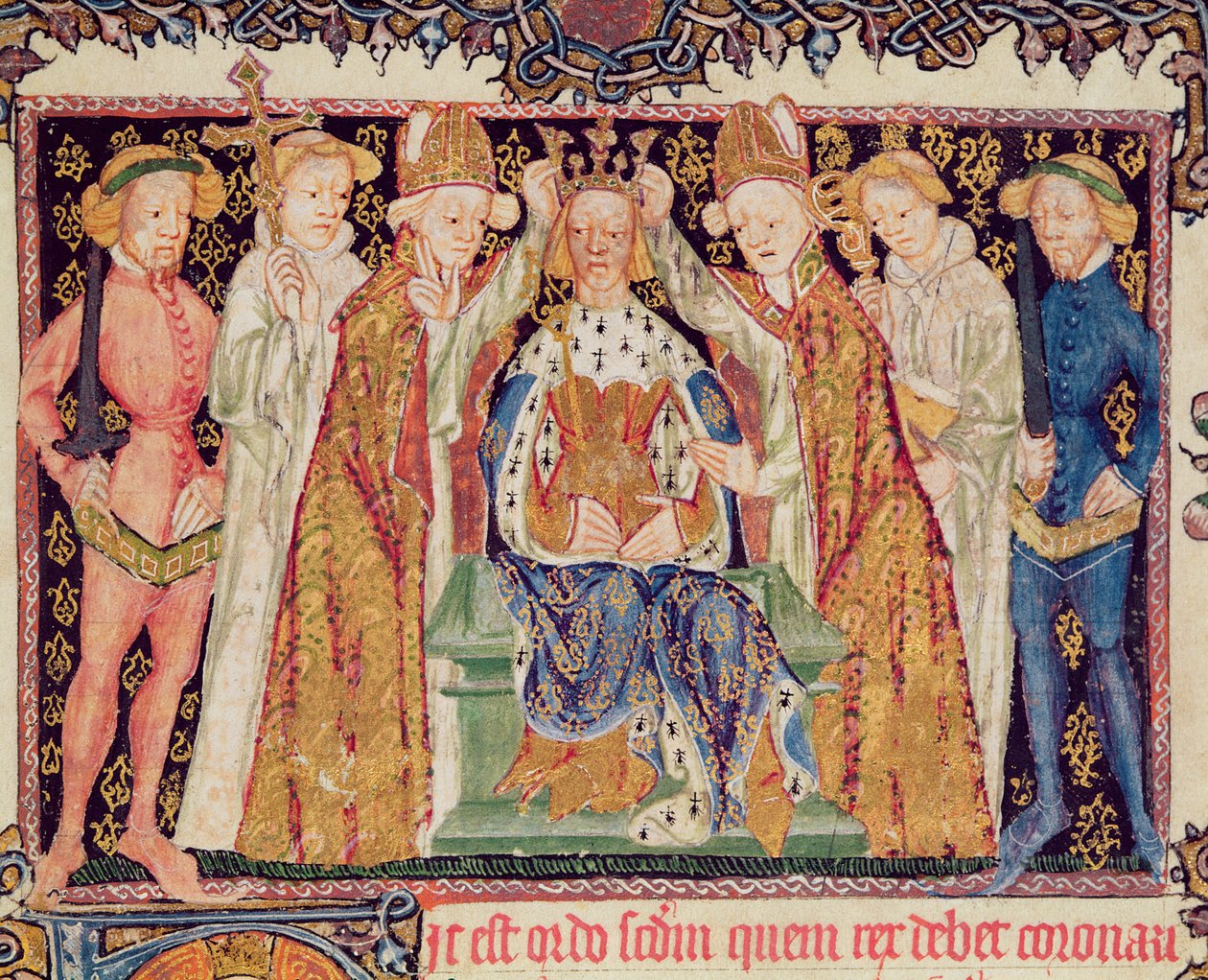 Ms 197 f.3r Kröning av en kung, från Liber Regalis av English School