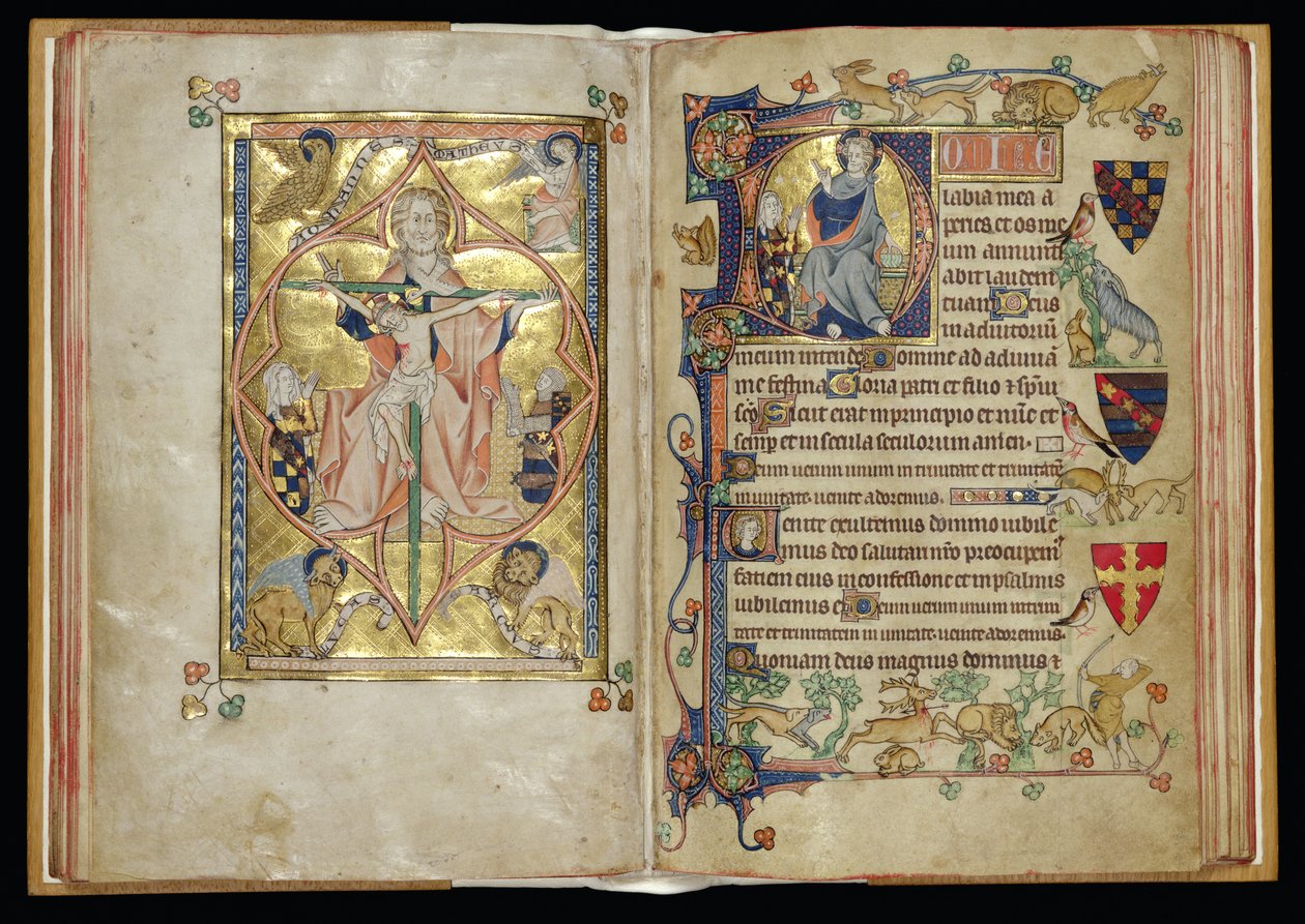 Ms 242 ff.28v-29r Treenigheten och barmhärtighetens tron i en historisk initial D, från Packham-Clifford Hours, Use of Sarum, c.1314-31 (bladguld & tempera på pergament) av English School