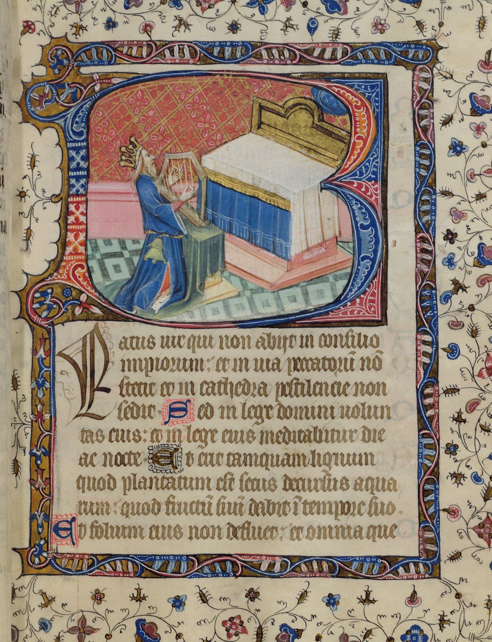 Ms 24 f.13 r. Psalm 1, David Harping, från Knightley Psalter, c.1380 av English School