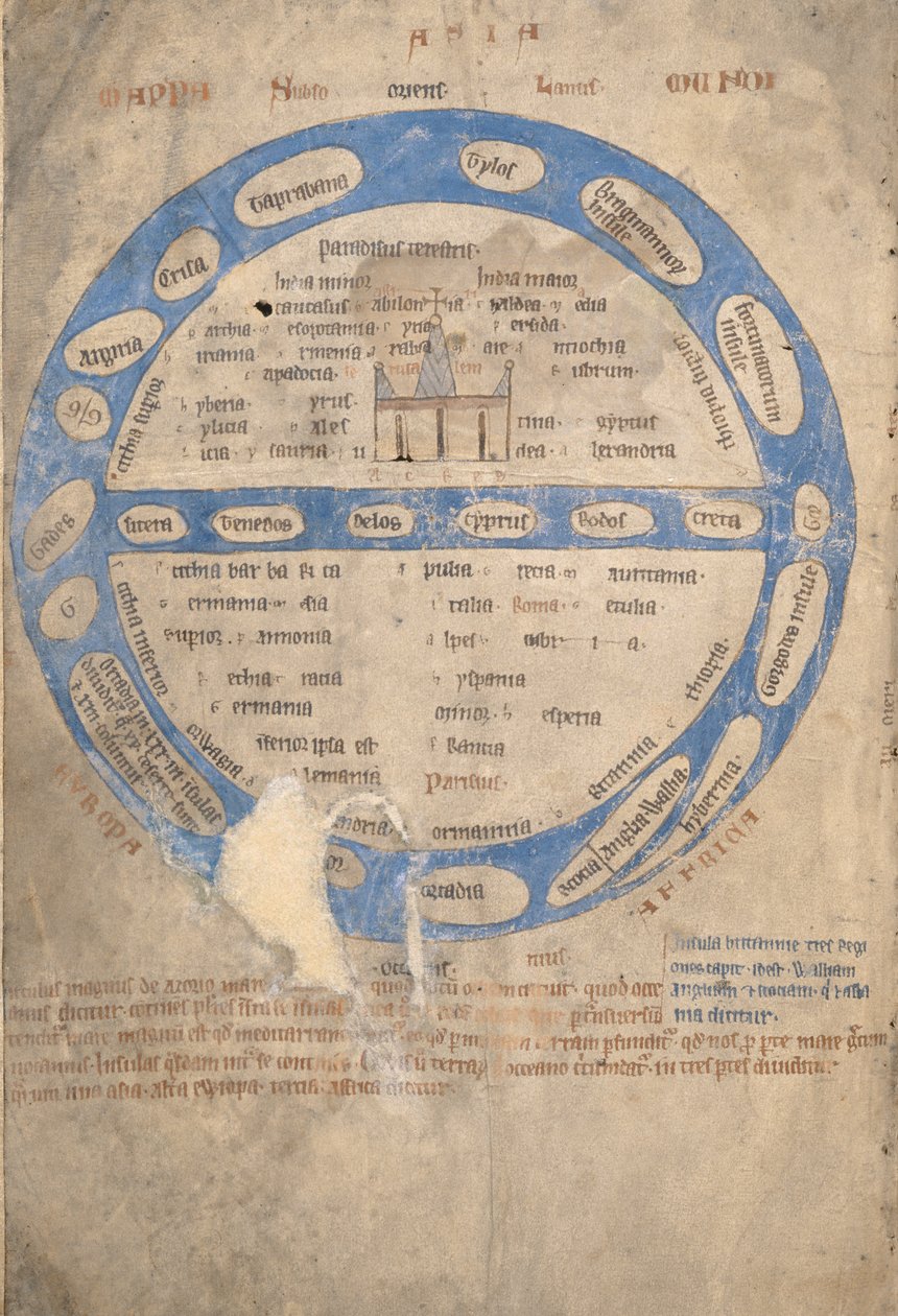 Ms 254, f.1v: Mappa Mundi, from a Bestiary, c.1200-30 av English School