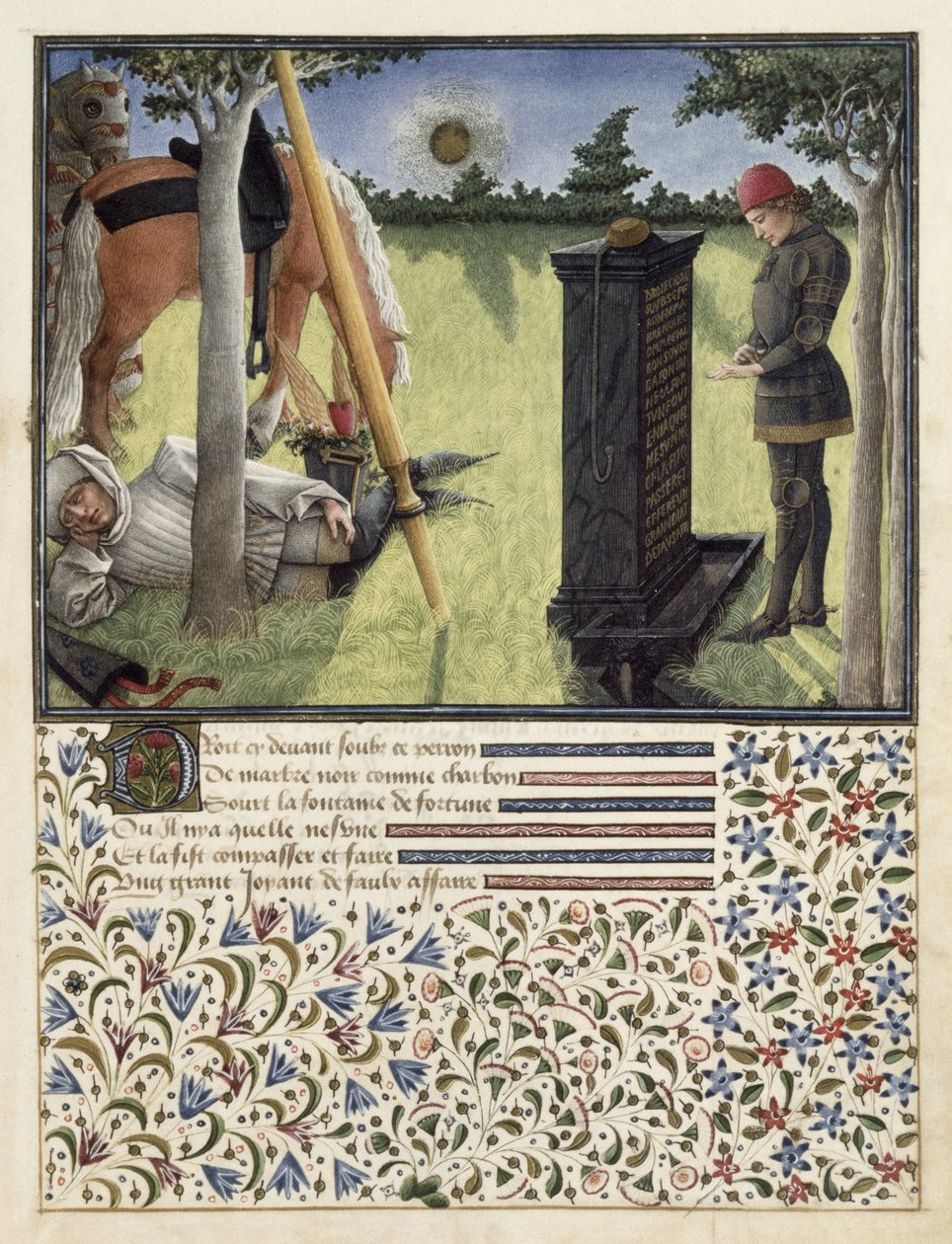 Ms. 2597 At Sunrise, Heart läser inskriptionen på den förtrollade fontänen, faksimilupplaga av Livre du Coeur dAmours Espris av Rene dAnjou av English School