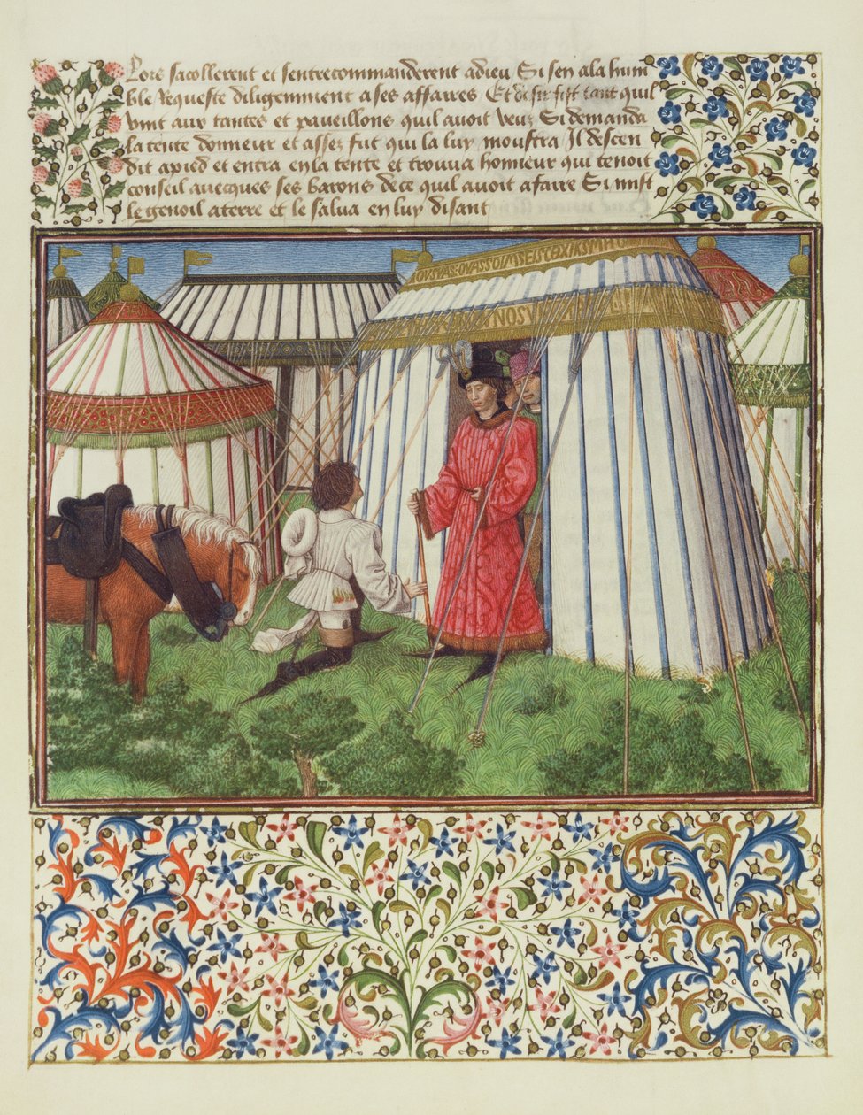 Ms. 2597 Desire knäböjer framför Honor och ber om hjälp från Heart, faksimilutgåva av Livre du Coeur dAmours Espris av Rene dAnjou av English School