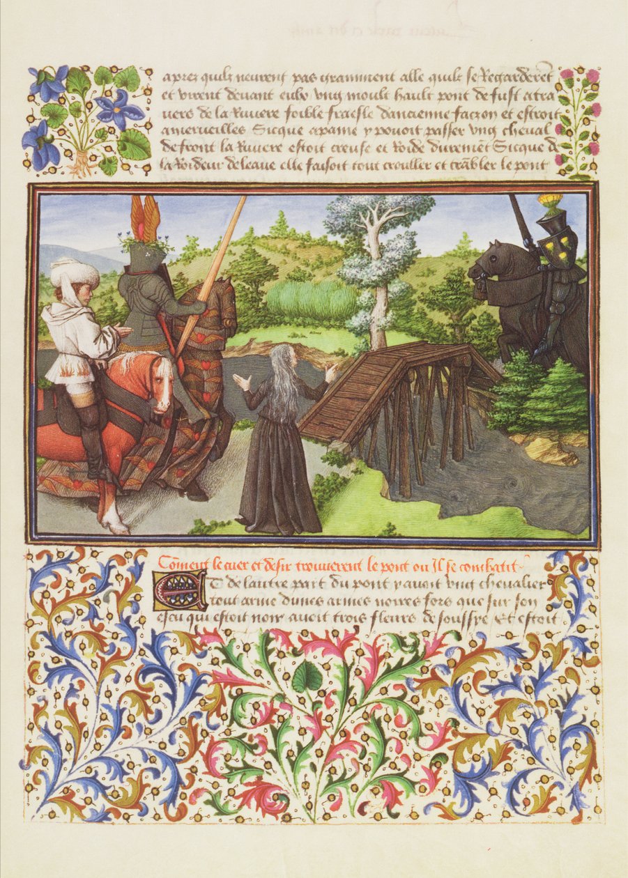 Ms. 2597 Heart, Desire and Melankoli vid bron The Dangerous Walk, som bevakas av Knight Soulcy, faksimilupplaga av Livre du Coeur dAmours Espris av Rene dAnjou av English School