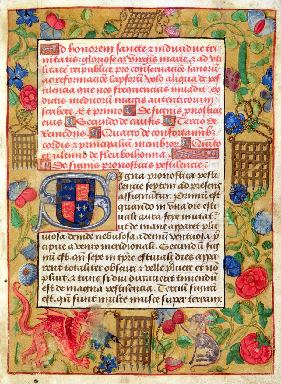Ms 261 fol.1r Page från en samling pesttraktater på latin och engelska, ca 1500 av English School