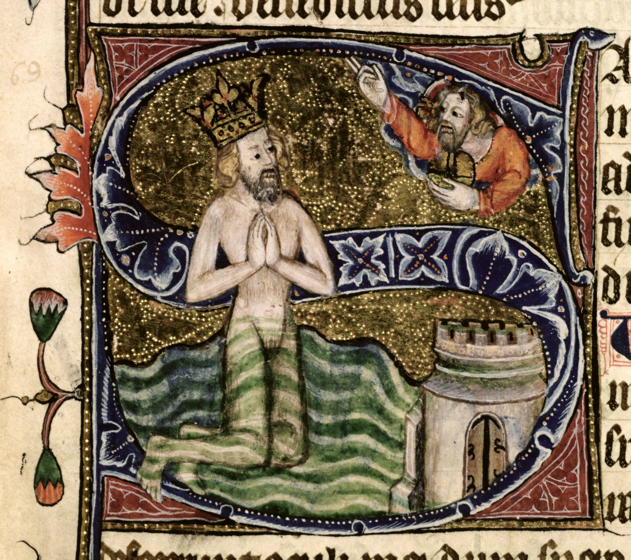 Ms 26 f.34r. Psalm 68, David drunknar, från Ramsey Abbey Psalter, c.1380 av English School