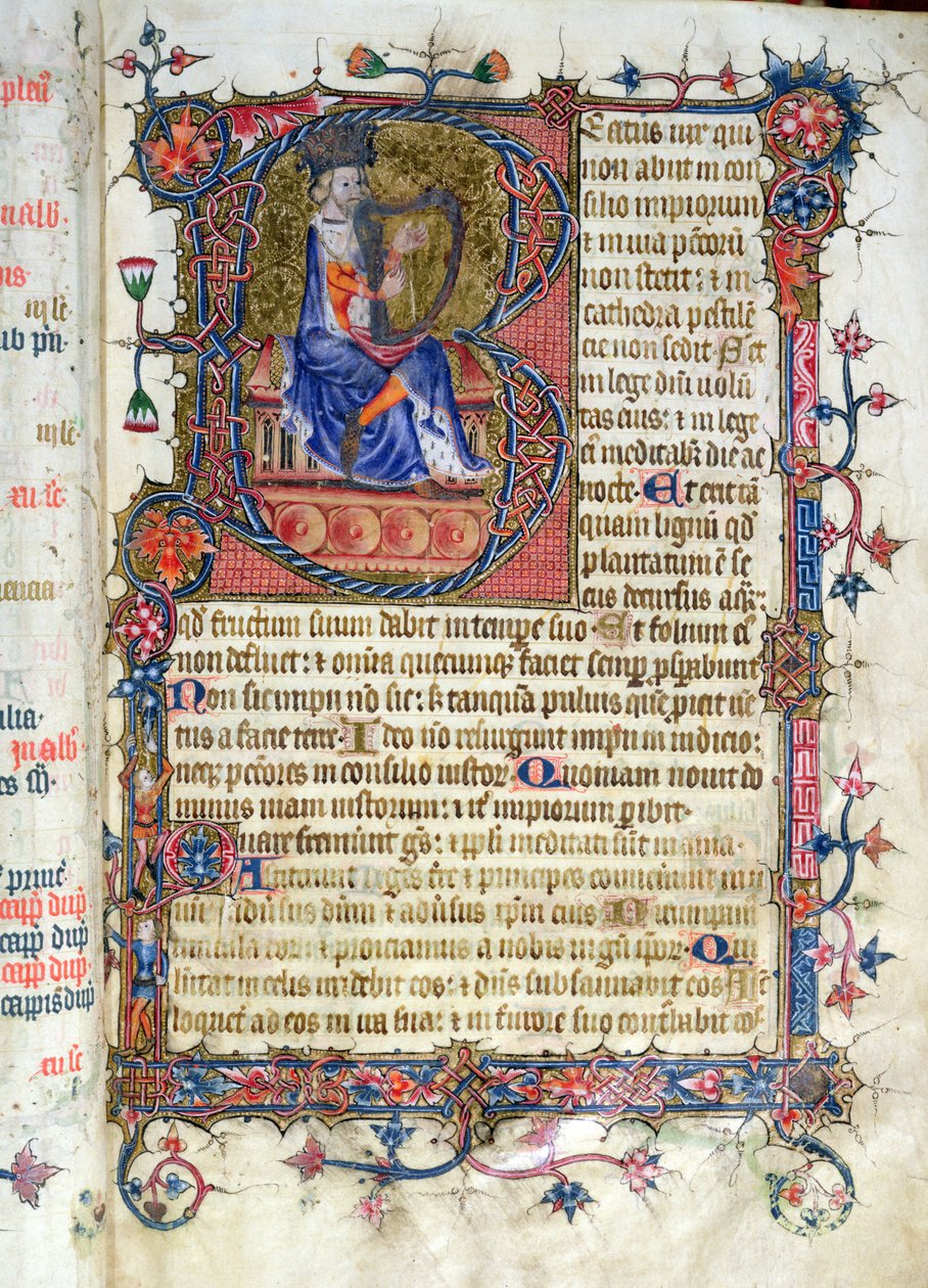 Ms 26 fol.7r. Psalm 1, David harping, från Ramsey Abbey Psalter, c.1380 av English School