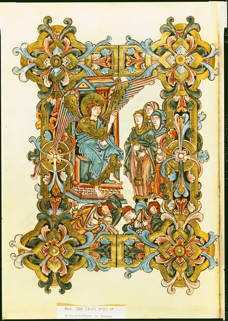 Ms 369 fol.21v The Holy Women at the Tomb, från Winchester Pontifical, sent 900-tal till tidigt 1000-tal av English School
