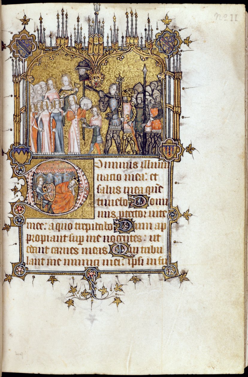 Ms 38-1950, f.29r: David i spetsen för en procession som bär Goliats huvud på en lans, från Bohun Psalter, ca 1370 av English School