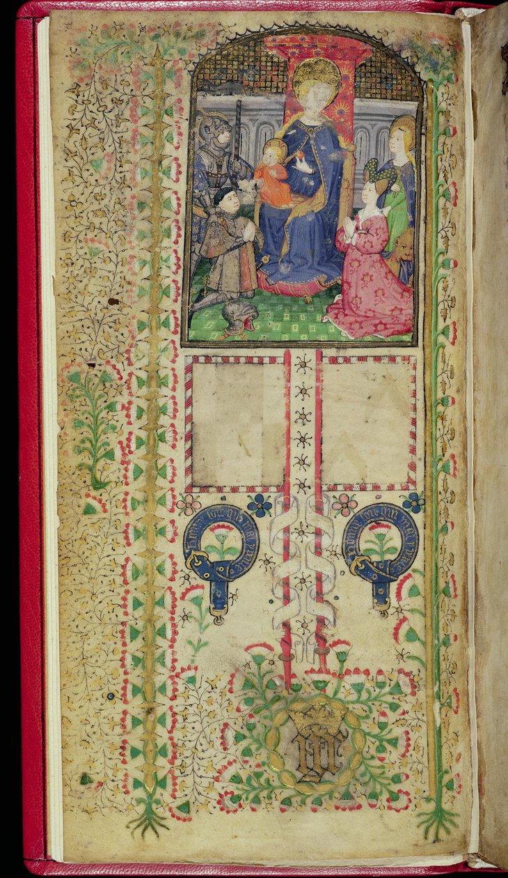 Ms 41-1950, f.2v: Dedikationssida från en timbok som tillhör Margaret Beauchamp, ca 1424 av English School