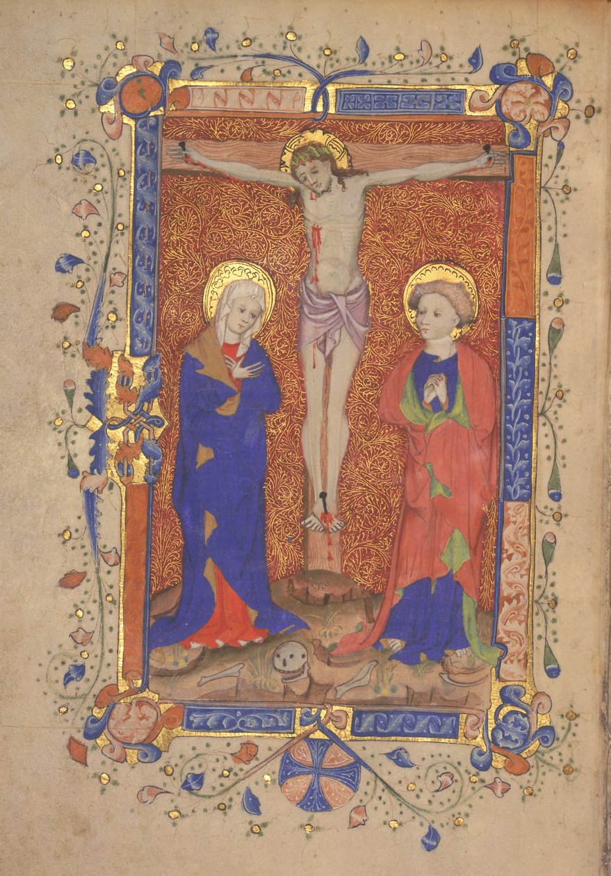 Ms 515 fol.108r Crucifixion with St. Mary and St. John the Baptist, från Missal of St. Botolph Aldersgate, c.1420-30 av English School