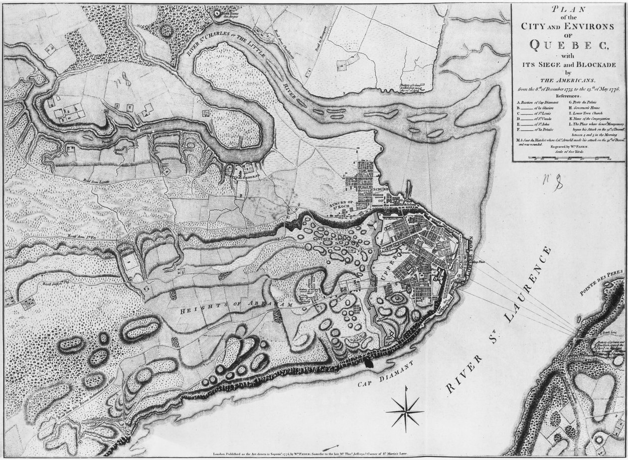 Ms A 224 f.8 Karta över staden och omgivningarna i Quebec med dess belägring och blockad av amerikanerna, illustration från 