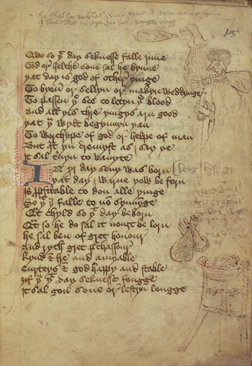 Ms. Harley 1735 fol.7r Sida från en läkares anteckningsbok skriven på mellanengelska (vellum) av English School
