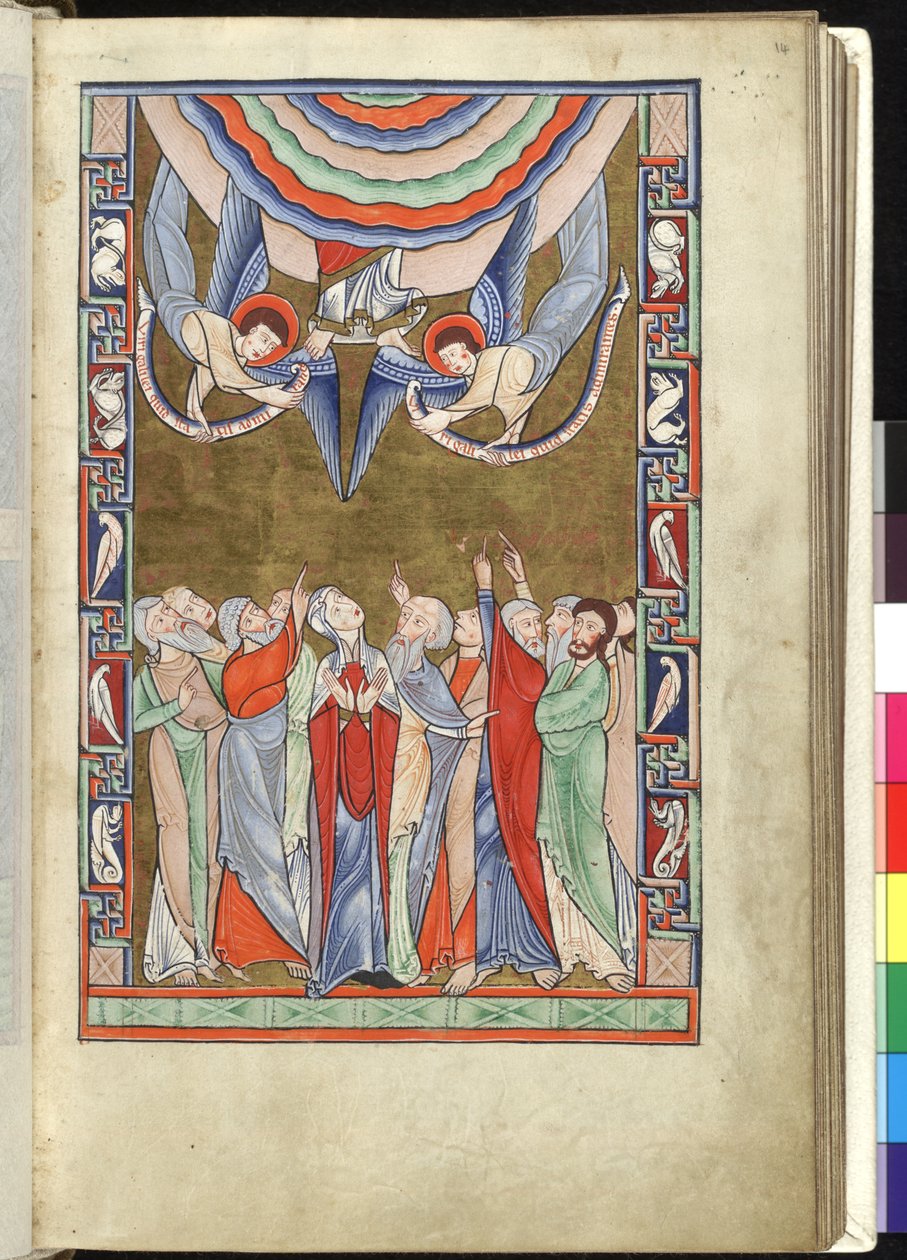 Ms Hunter 229 f.14r The Ascension, från Hunterian Psalter, c.1170 (penna & bläck och tempera på veläng) av English School