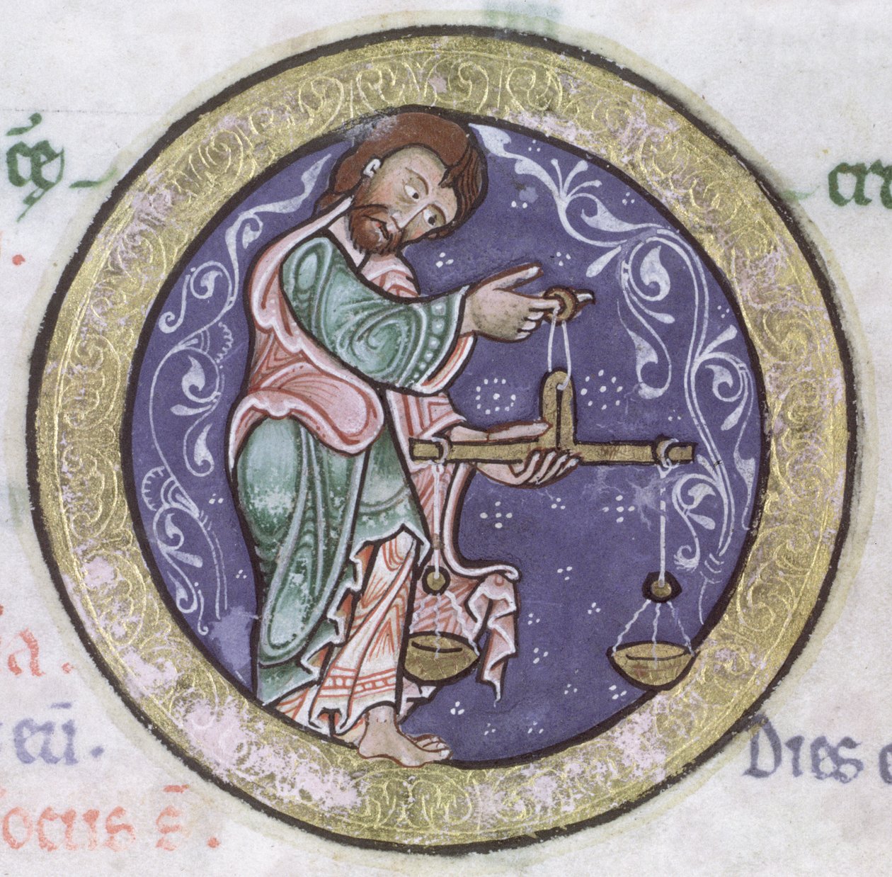 Ms Hunter 229 f.5r Libra, från Hunterian Psalter, c.1170 (penna & bläck och tempera på veläng) (detalj) av English School