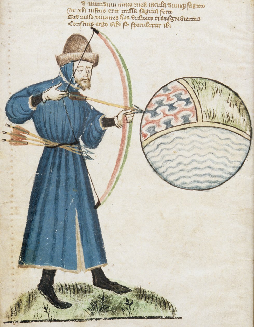 Ms Hunter 59 f.6v Archer Fire at a Globe, från Vox Clamatis av John Gower (1330-1408) av English School