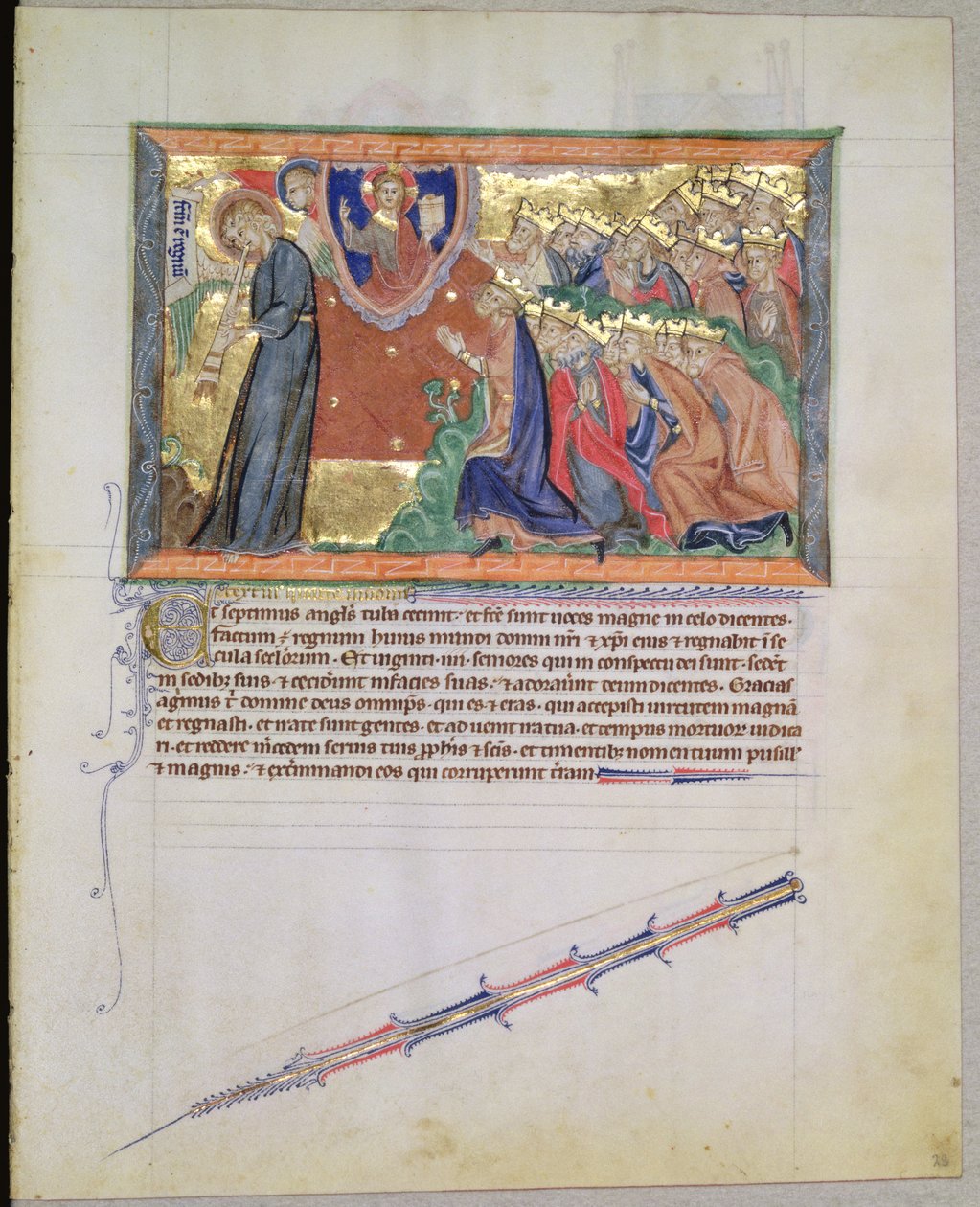 Ms L.A. 139-Lisboa fol.28 Den 7:e ängeln som blåser i sin trumpet och de 24 äldste som dyrkar Gud, från Gulbenkian Apocalypse, ca 1265-70 av English School