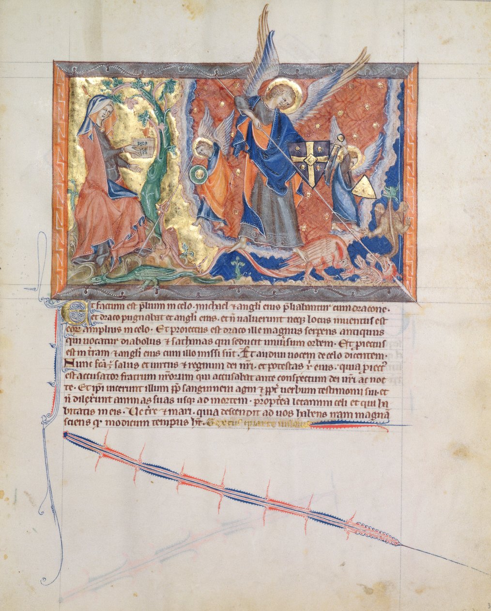 Ms L.A. 139-Lisboa fol.30 Kvinnan gömd i öknen medan ärkeängeln Mikael slåss mot draken i himlen, från Gulbenkian Apocalypse, ca 1265-70 av English School