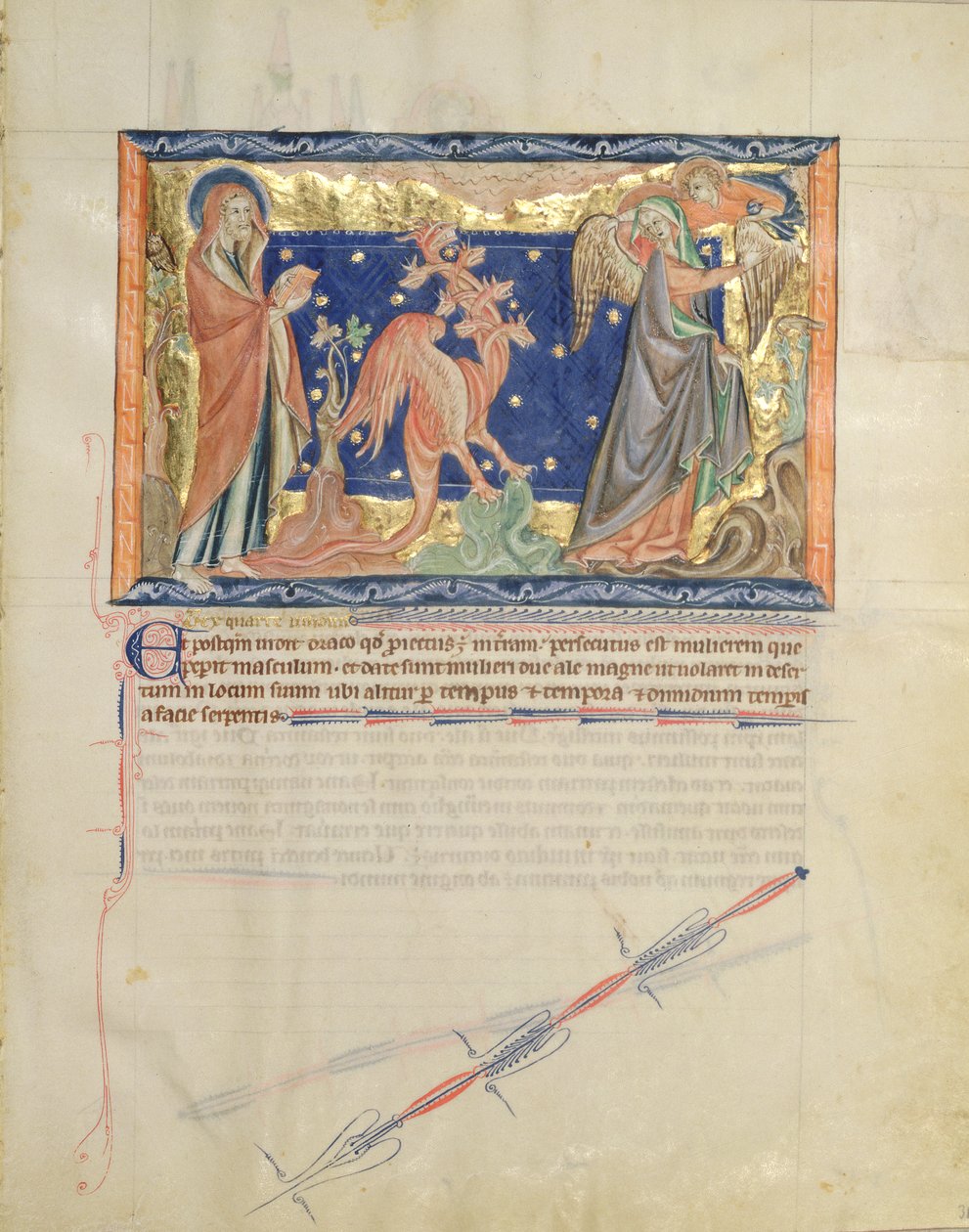 Ms L.A. 139-Lisboa fol.31 St. John tittar på en ängel som hjälper kvinnan att fly från den röda draken, från Gulbenkian Apocalypse, ca 1265-70 av English School