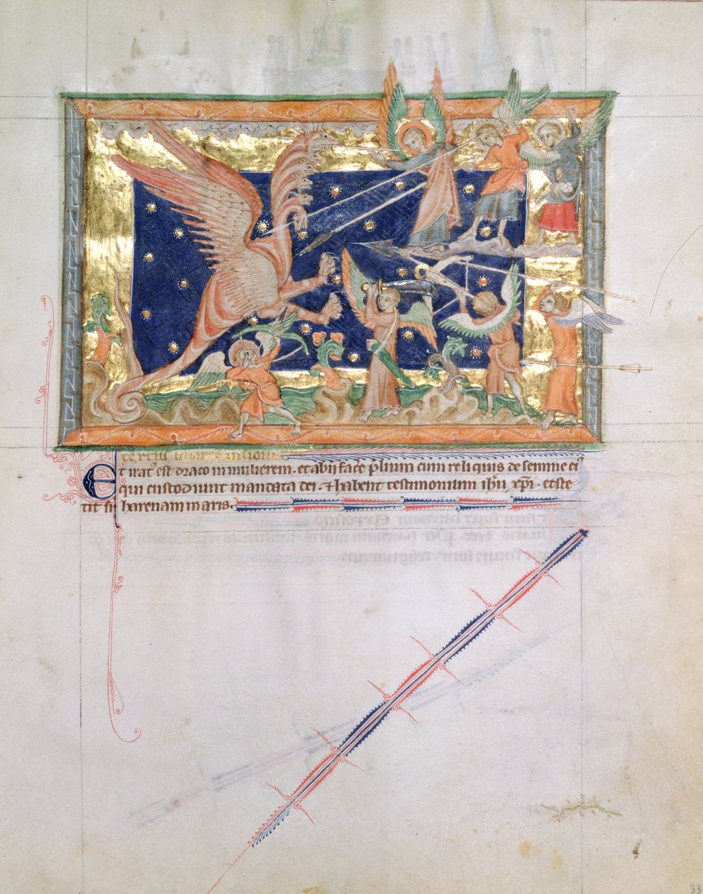 Ms L.A. 139-Lisboa fol.33 Draken som för krig med de troende, från Gulbenkian Apocalypse, c.1265-70 av English School