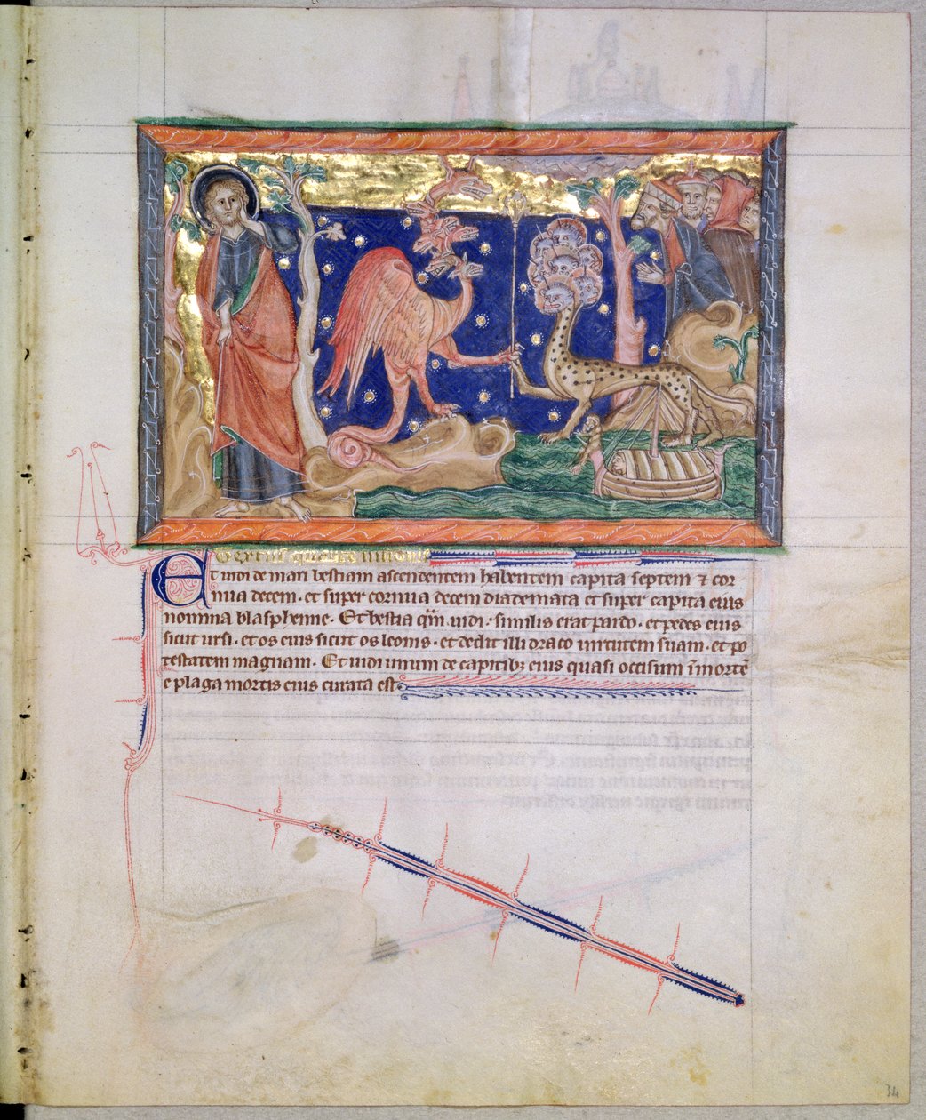 Ms L.A. 139-Lisboa fol.34 Den röda draken överlämnar sin makt till havets odjur, från Gulbenkian Apocalypse, c.1265-70 av English School