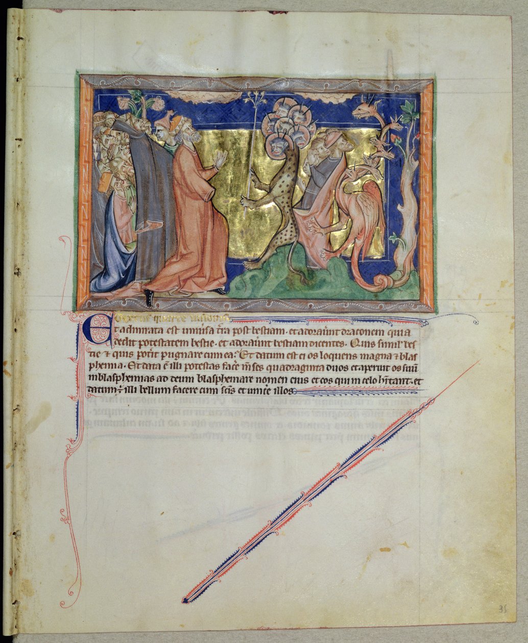 Ms L.A. 139-Lisboa fol.35 Folket som dyrkar odjuret och draken, från Gulbenkian Apocalypse, c.1265-70 av English School