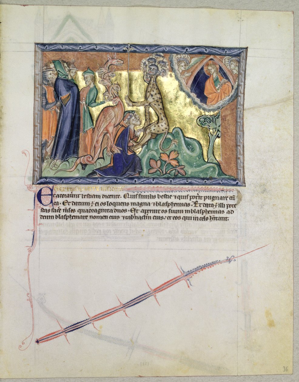 Ms L.A. 139-Lisboa fol.36 Herren ser folket dyrka havets vilddjur i närvaro av den röda draken, från Gulbenkian Apocalypse, ca 1265-70 av English School