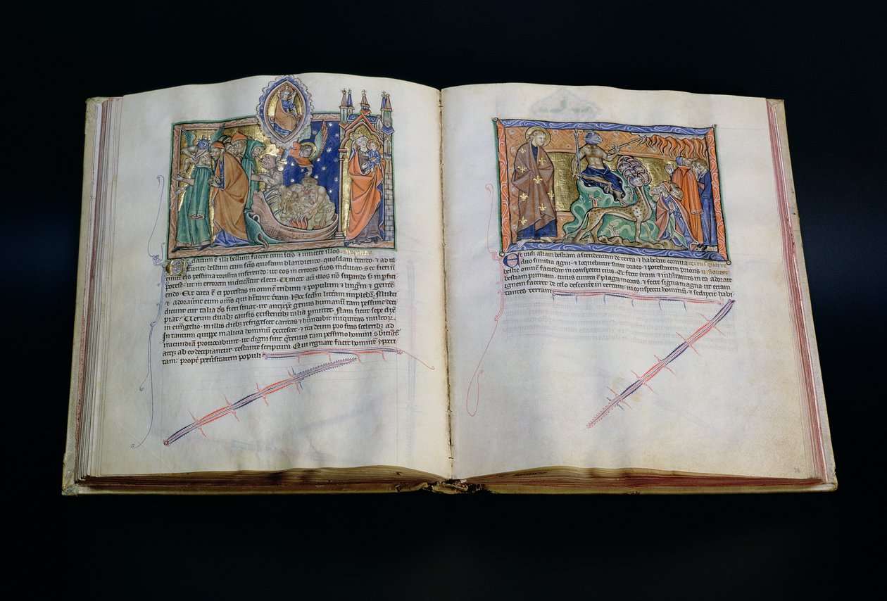 Ms L.A. 139-Lisboa fol.37 v-38 Vilddjuret som hädar Guds namn, och folket som tillber det tredje och andra vilddjuret, från Gulbenkian Apocalypse, ca 1265-70 av English School