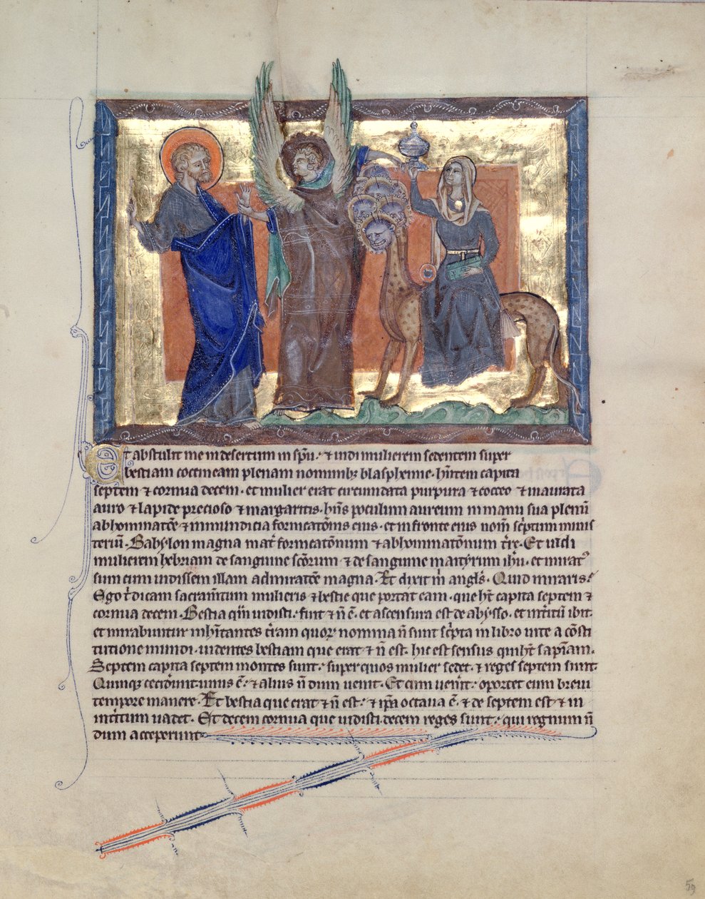 Ms L.A. 139-Lisboa fol.59 En ängel som leder St. Johannes evangelisten till skökan av Babylon, från Gulbenkian Apocalypse, ca 1265-70 av English School