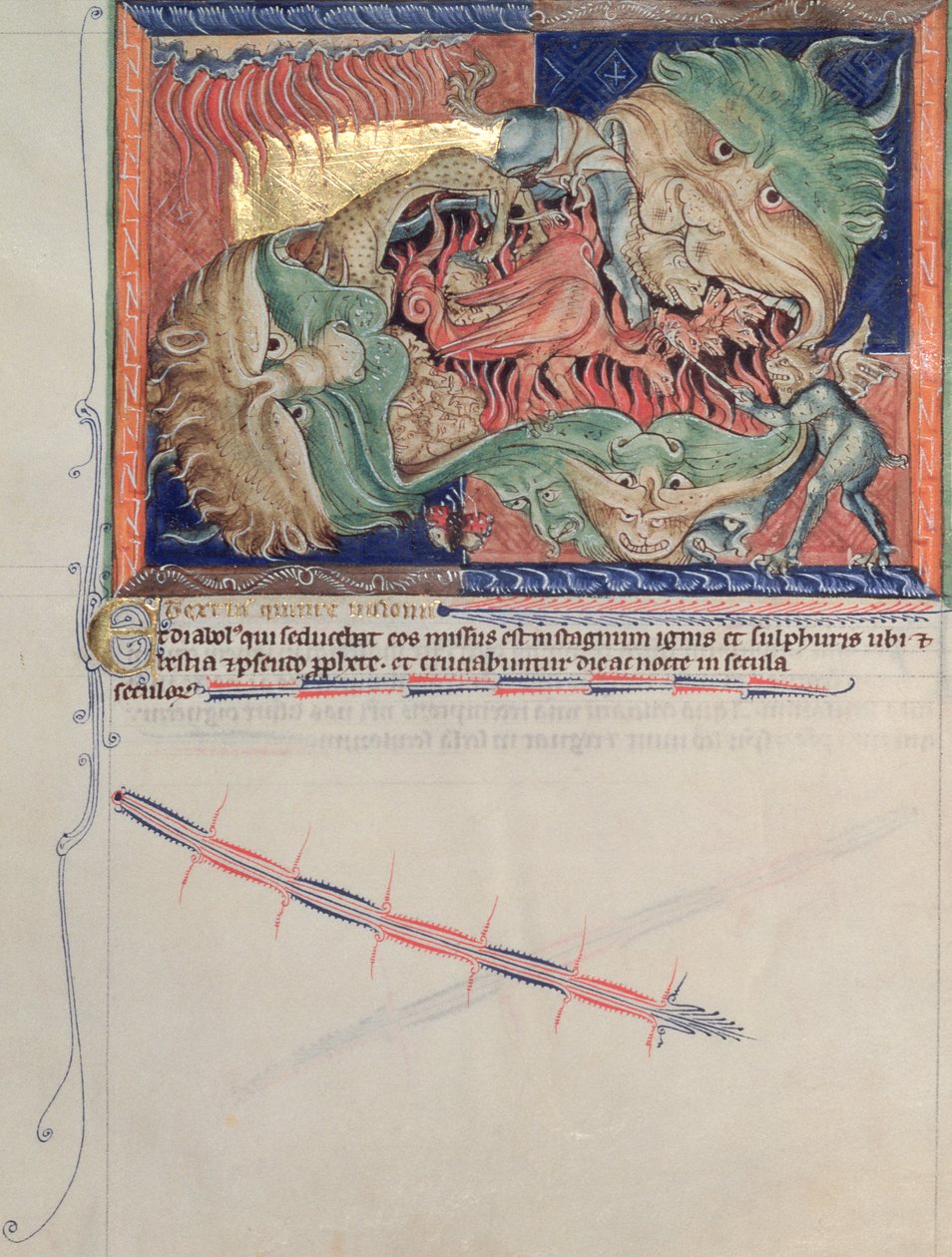 Ms L.A. 139-Lisboa fol.71 Helvetets käftar som sväljer den röda draken, havets odjur och jordens odjur, från Gulbenkian Apocalypse, c.1265-70 av English School