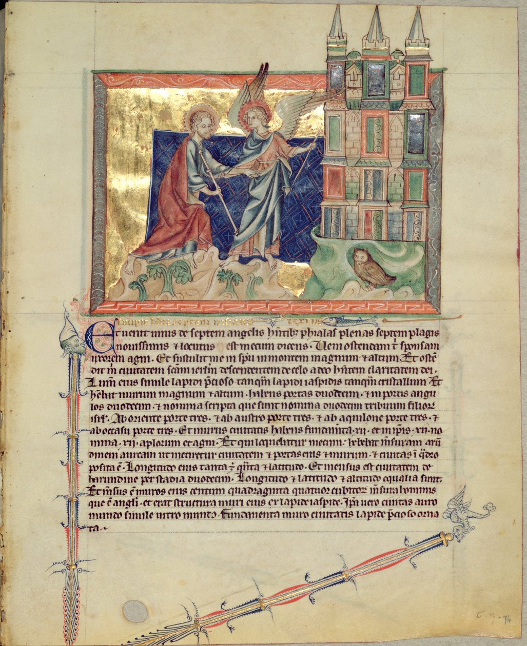 Ms L.A. 139-Lisboa fol.74 En ängel som visar det nya Jerusalem för St. John the Evangelist, från Gulbenkian Apocalypse, c.1265-70 av English School