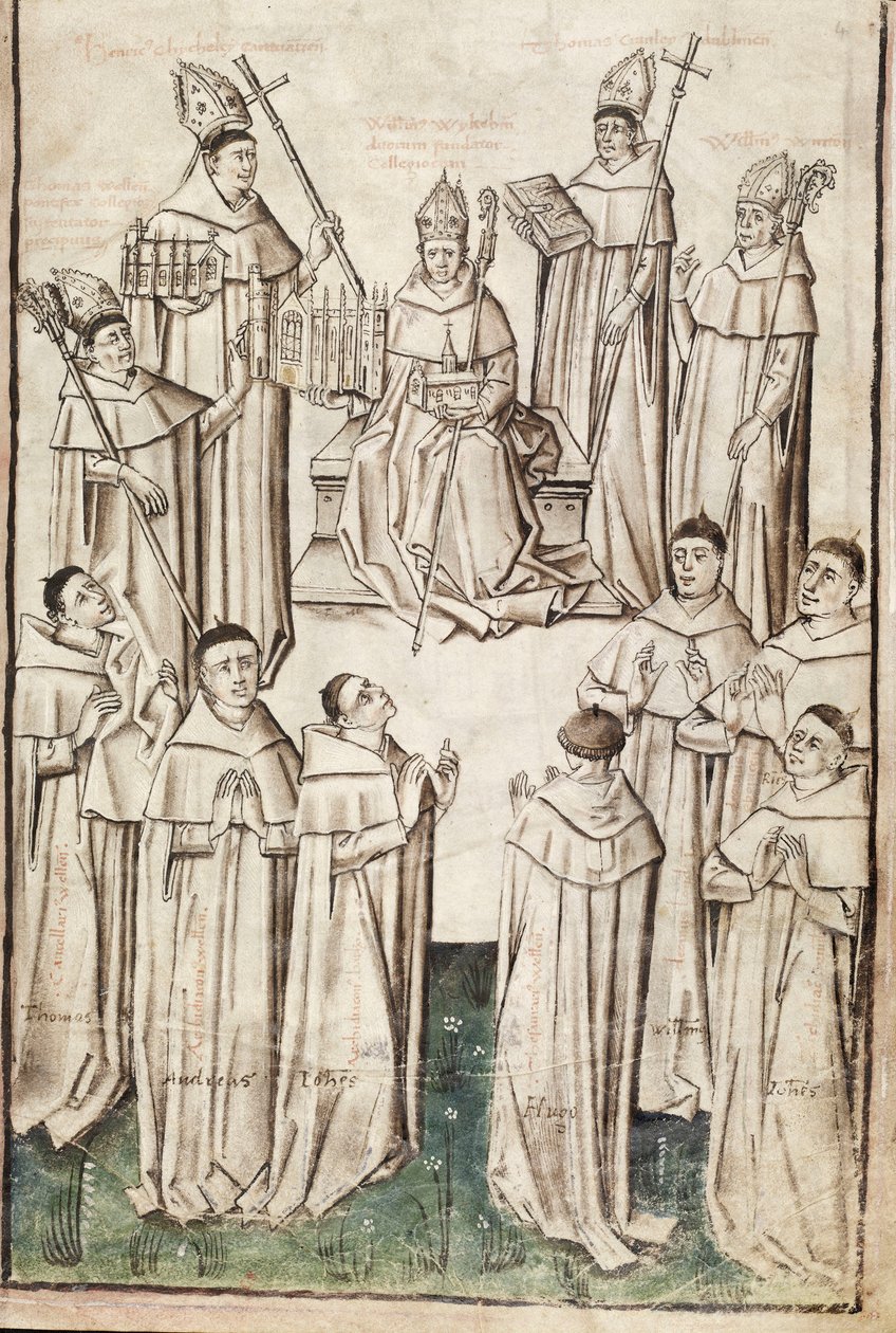 Ms. New Coll 288, f4r. (Chaundler-manuskript), Life of William of Wykeham av Thomas Chaundler (penna och bläck & tempera på veläng) av English School