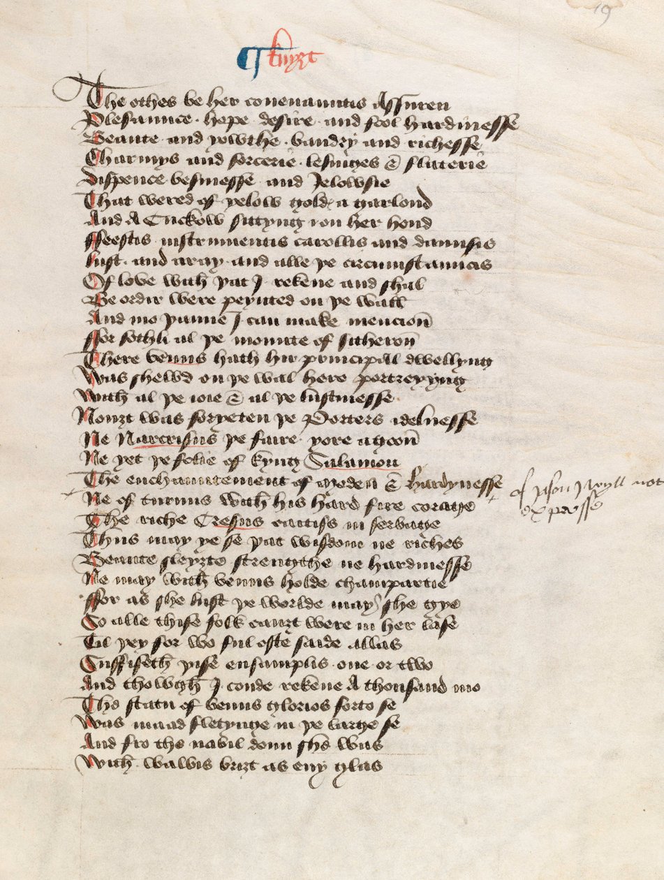 Ms. New Coll 314, f19r, The Canterbury Tales av Geoffrey Chaucer (penna och bläck på veläng) av English School