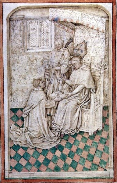 Ms R 14.5 f.8v Thomas Bekynton, biskop av Bath and Wells, tar emot Chaundler, från Abingdon Missal, 1457-61 av English School