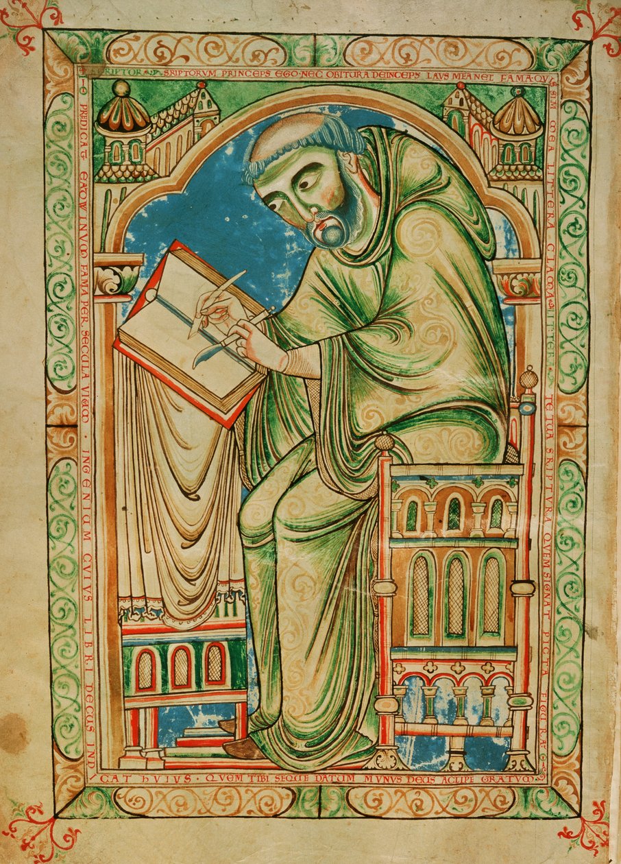 Ms R 17 I f.283v Munken Eadwine arbetar med manuskriptet, Eadwine Psalter, c.1150 (vellum) av English School