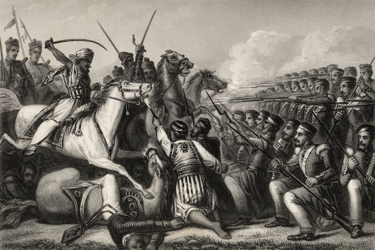 Mutineers kavalleri attackerar ett infanteritorg vid slaget vid Cawnpore 1857, från "The History of the Indian Mutiny", publicerad 1858. av English School