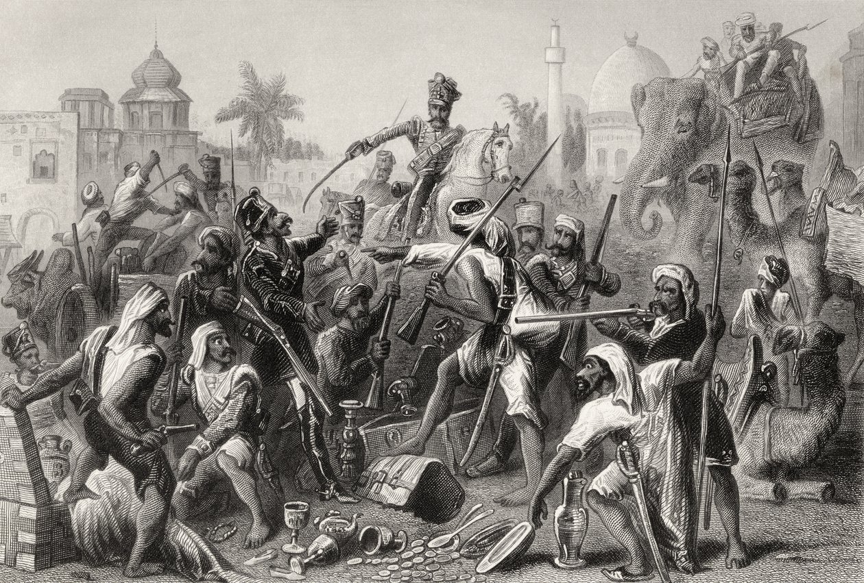 Myteriska Sepoys som delar bytet, från "The History of the Indian Mytery", publicerad 1858 av English School