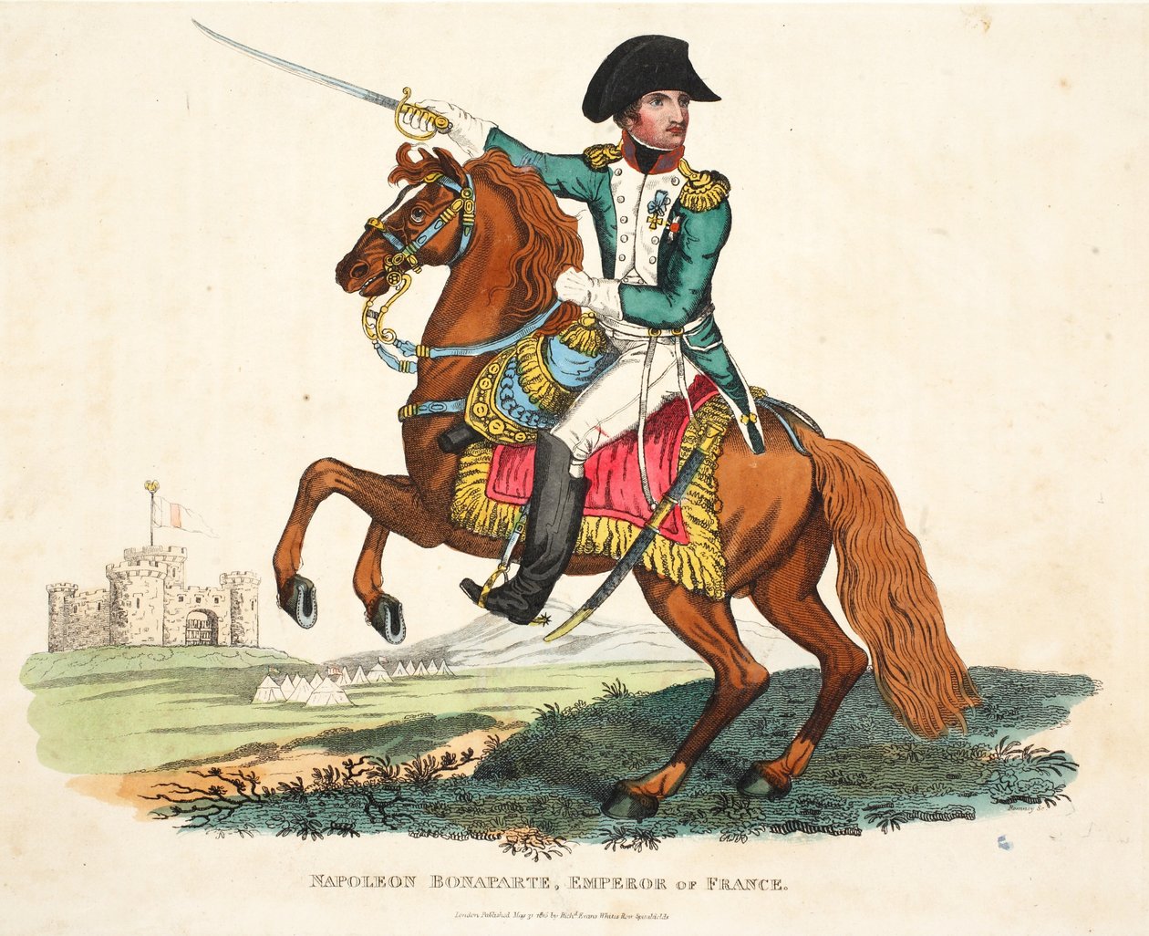 Napoleon Bonaparte, Frankrikes kejsare, graverad av Romney, pub. av Richard Evans, illustration från An Historical Account of the Battle of Waterloo av William Mudford, 1816 av English School
